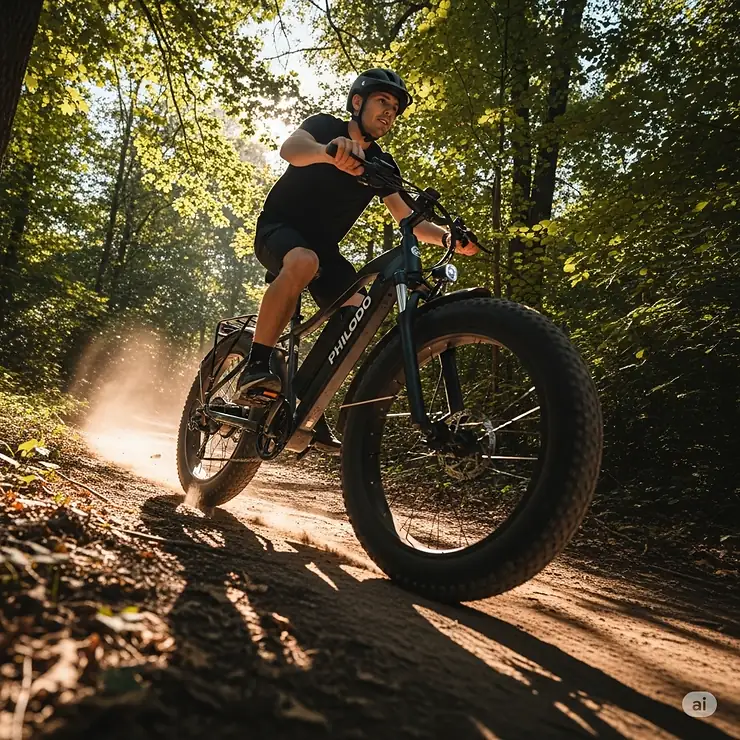 Philodo 48V fat tire ebike 3000W cruising on an off-road trail, highlighting its powerful motor and rugged design.