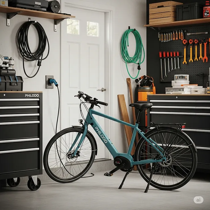Philodo e-bike being conveniently charged at home, illustrating its easy recharging process for continued use.
