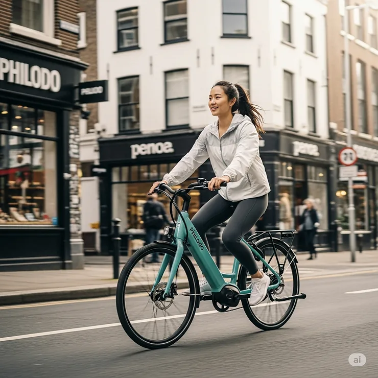 Commuter easily riding a Philodo e-bike through a city street, perfect for daily travel and errands.