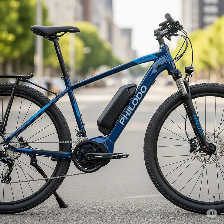 Sleek Philodo e-bike parked outdoors, highlighting its robust frame and integrated battery for urban and trail adventures.