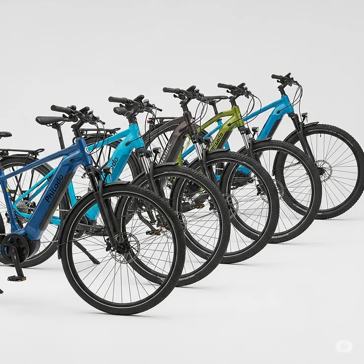 Collection of various Philodo e-bike models side-by-side, showcasing the diverse range of options available for different riders.