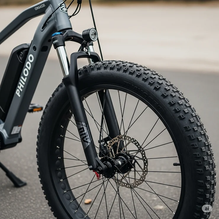 Detailed shot of a Philodo e-bike's front suspension and durable fat tires, ensuring a smooth and stable ride.