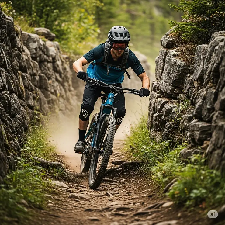 Adventurous rider navigating a challenging trail on a Philodo e-bike, demonstrating its off-road performance.
