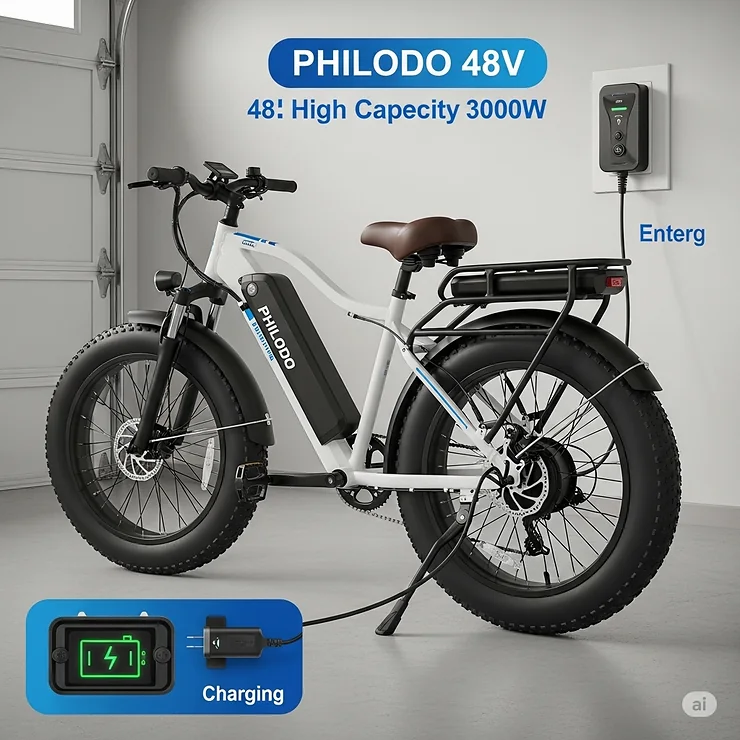 Philodo 48V fat tire ebike 3000W being charged, illustrating the ease of recharging its high-capacity battery.