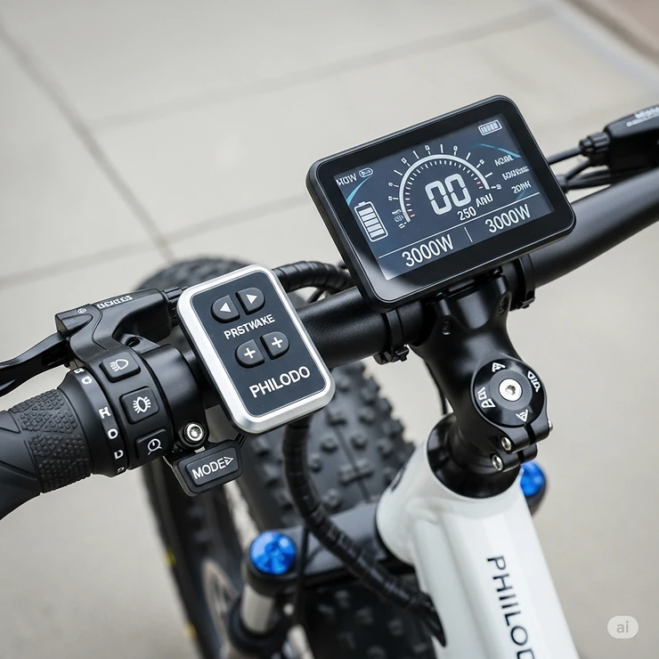 Handlebar view of the Philodo 48V fat tire ebike, showing the clear display and intuitive controls for the 3000W motor.
