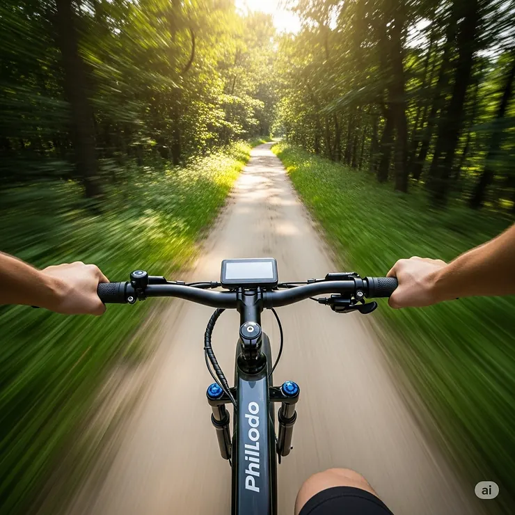Point-of-view shot from a rider on a Philodo 48V fat tire ebike, experiencing the power of the 3000W motor on a scenic path.