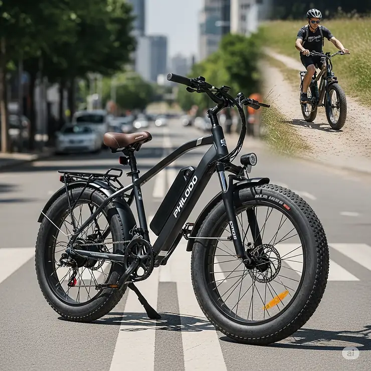 Philodo 48V fat tire ebike 3000W used for an urban commute, highlighting its versatility for both city and off-road riding.
