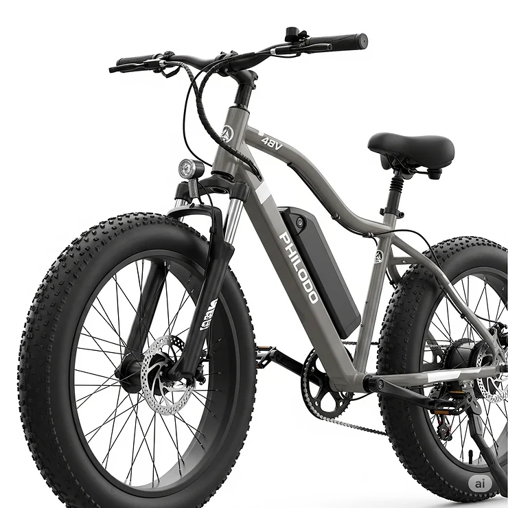 Philodo 48V fat tire ebike with focus on its front suspension system, designed for a smooth ride on varied terrain.
