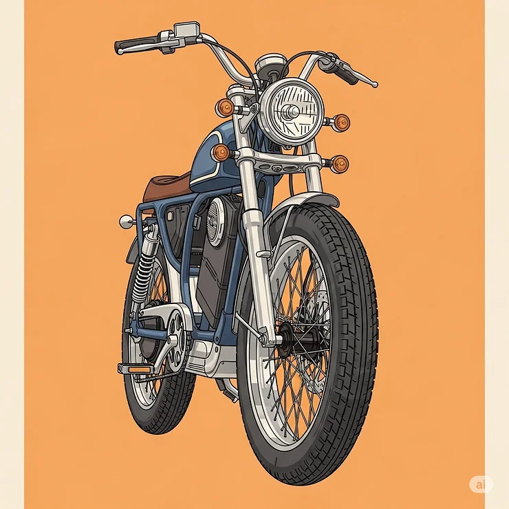 Illustration of a vintage-inspired electric bike featuring a classic motorcycle design, complete with a large headlight and chrome accents.