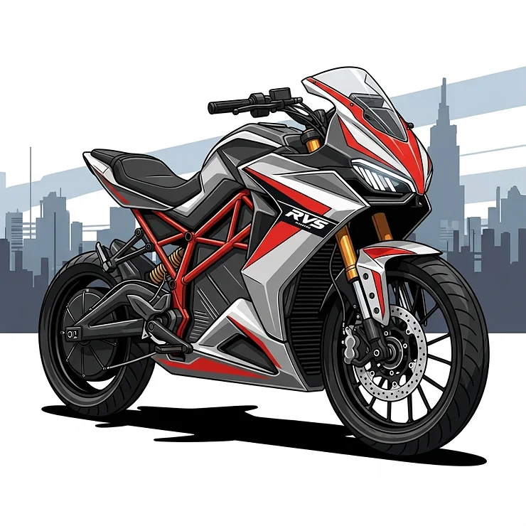 Dynamic illustration of a sporty electric bike, designed with aggressive lines and a full fairing, giving it the appearance of a high-performance motorcycle.