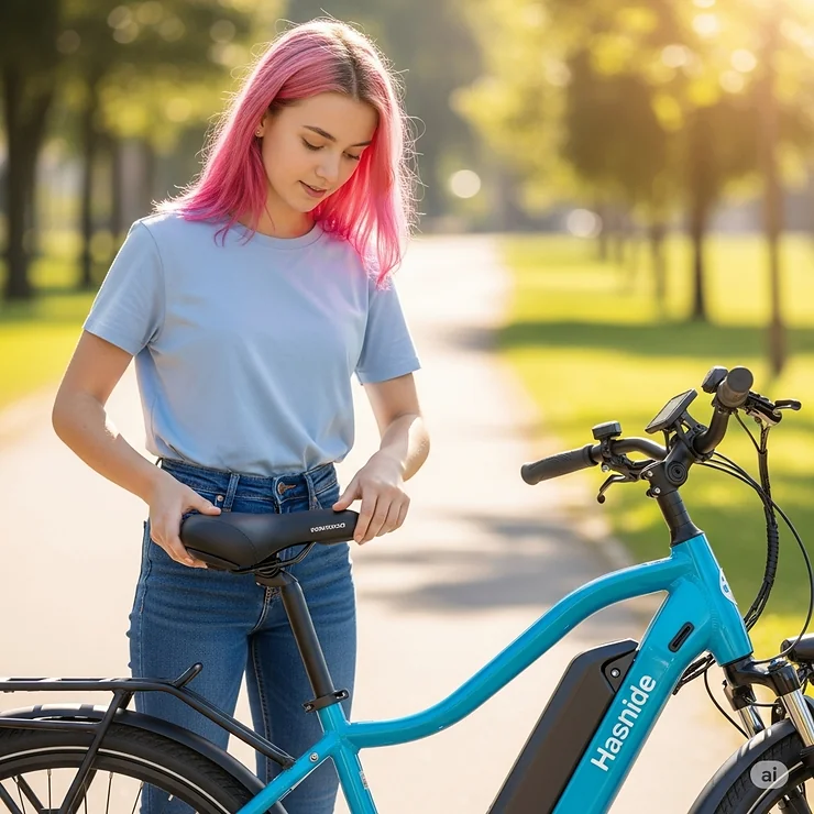 Teenager easily adjusting the seat of an electric bike, illustrating the user-friendly design for young riders.