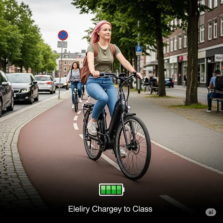 Teenager commuting easily to school on an electric bike, emphasizing the practical use of electric bikes for teens.