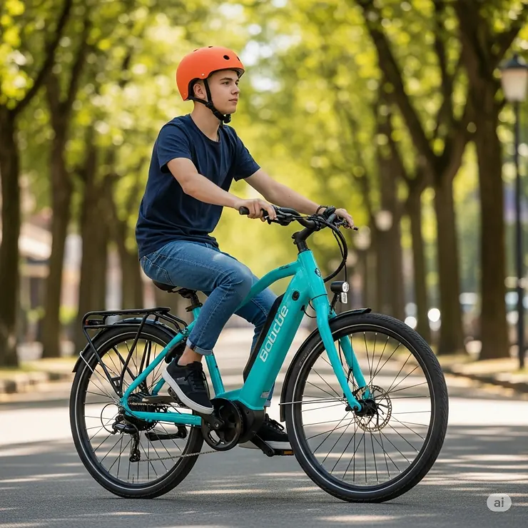 Confident teenager safely riding an electric bike, highlighting the importance of helmets for young riders.