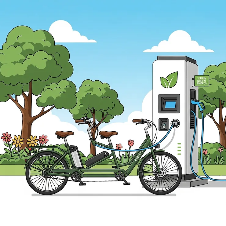 Illustration showing a two-seater electric bike conveniently charging at a public station, highlighting its eco-friendly nature.