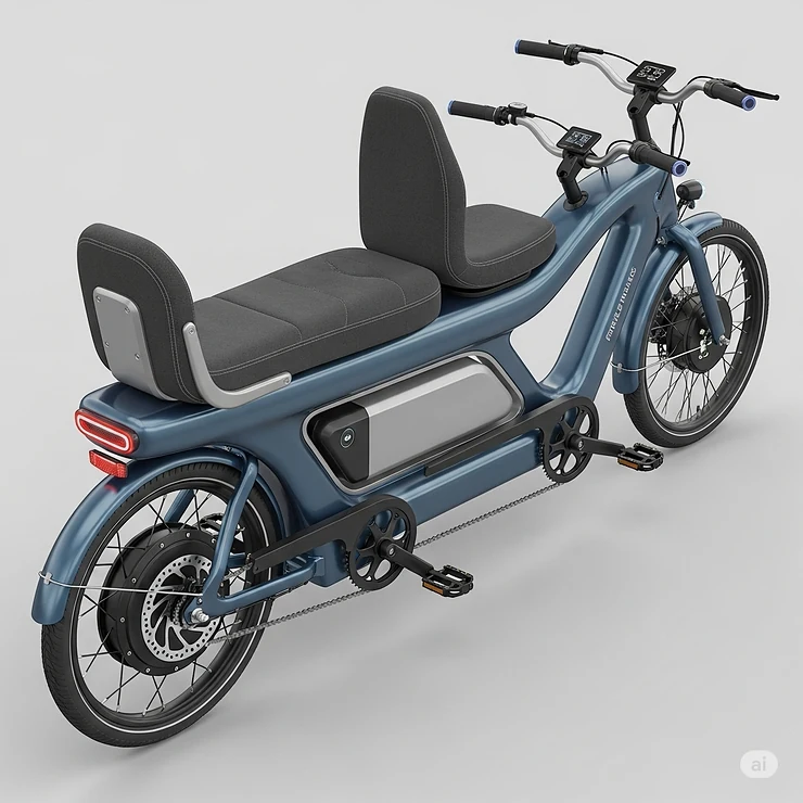 Illustration highlighting key design features of a two-seater electric bike, including its extended seat and integrated battery.