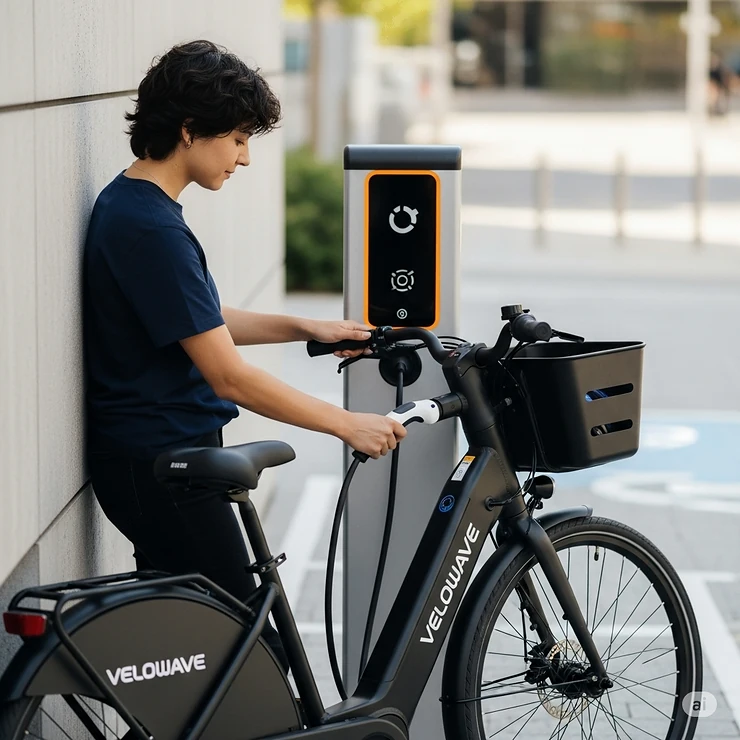 A person conveniently charging their Velowave ebike, illustrating the easy and efficient battery replenishment process.