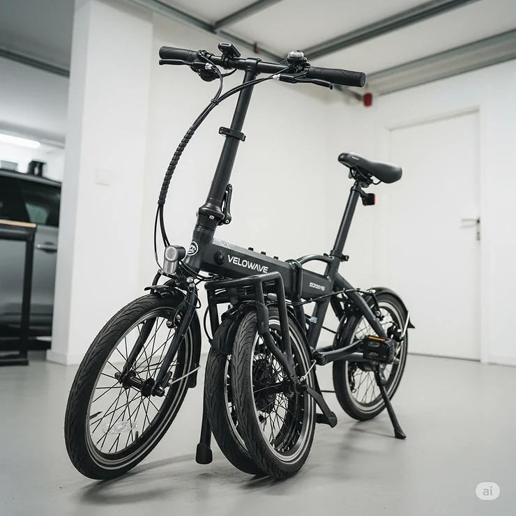 Velowave ebike in its compact, folded position, demonstrating its portable and space-saving design for easy transport and storage.