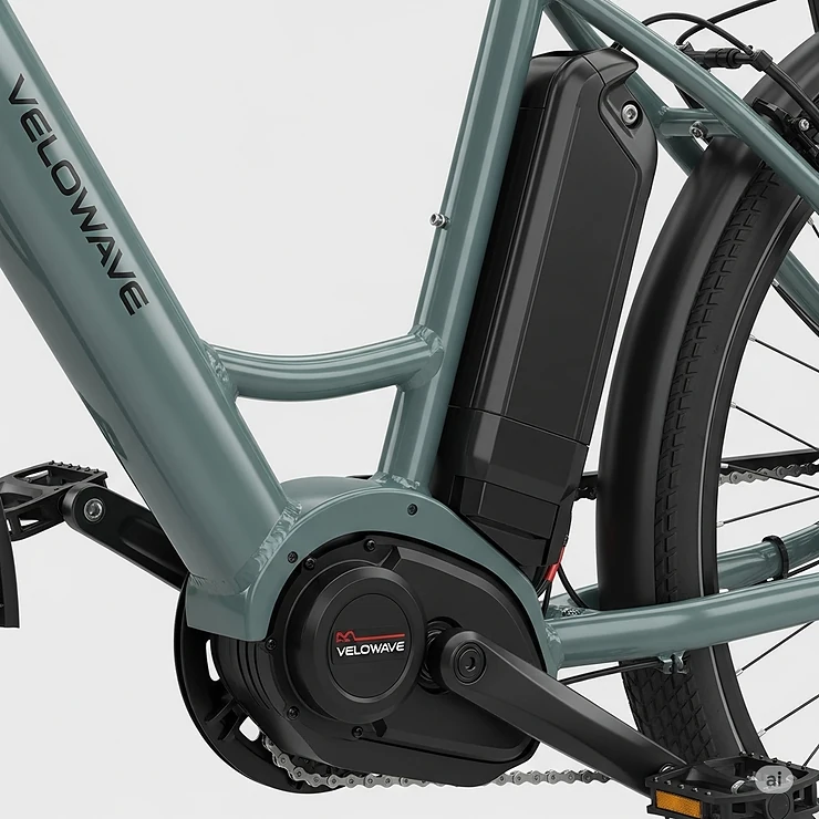 Close-up of the integrated motor and long-lasting battery on a Velowave ebike, highlighting its efficient power system for extended rides.