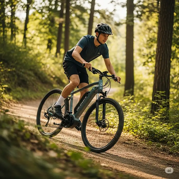 Rider effortlessly ascending an uphill path on a Velowave ebike, highlighting the powerful motor and pedal-assist capabilities that conquer inclines.