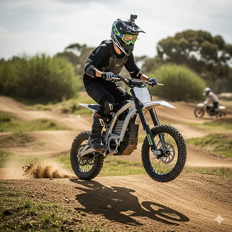 A teenage boy riding a youth electric dirt bike on a dirt track, showcasing its compact size and knobby tires.