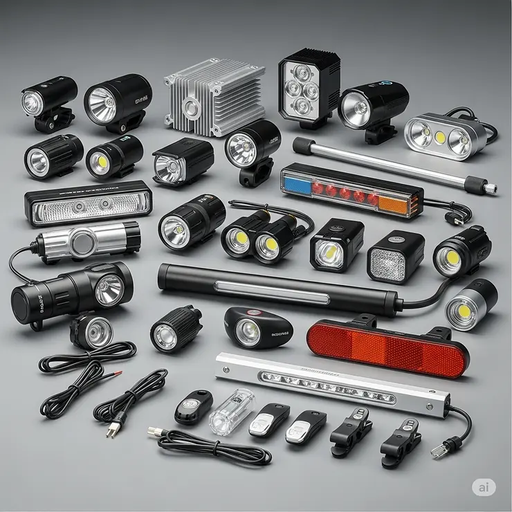 An assortment of different ebike lights, including headlights, taillights, and accessory lights, laid out for a wide selection."