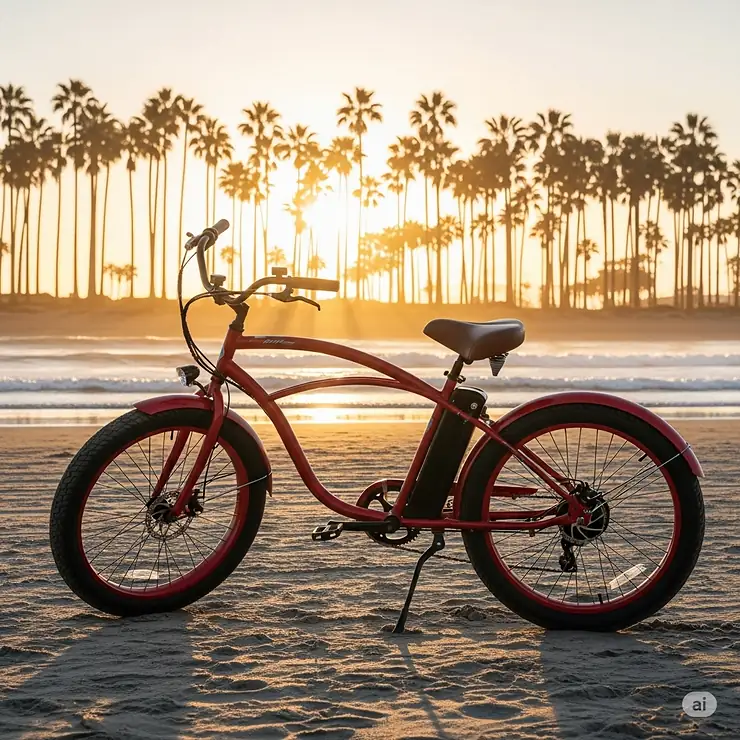 A vibrant red beach cruiser electric bike parked on a sandy beach at sunset, with palm trees in the background.