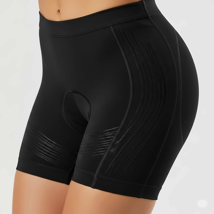 A detailed shot of the compressive fabric on a pair of women's athletic bike shorts, showing how they support muscles.