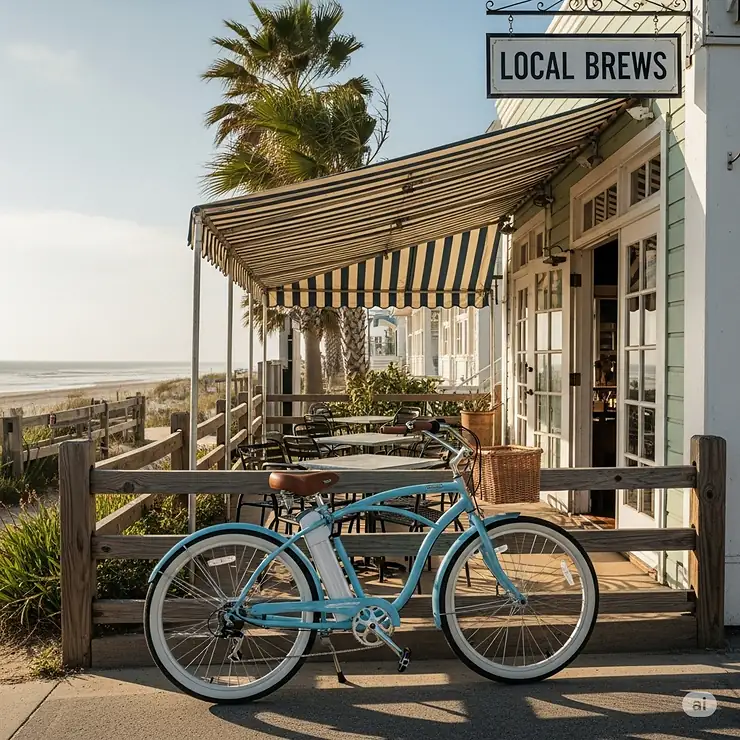 A relaxed beach cruiser electric bike propped outside a charming coastal cafe, ready for a leisurely morning.