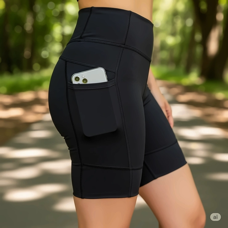 A side view of women's bike shorts featuring a convenient side pocket, perfect for holding a phone or keys during a ride.