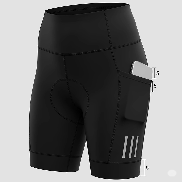 A detailed photo of a pair of black, high-waisted women's cycling shorts with a side pocket and reflective strips.