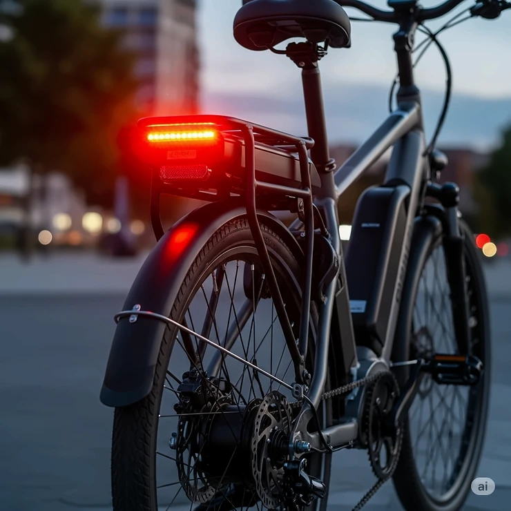 Rear view of an ebike showcasing a bright, red LED taillight, essential for rear visibility and safety."