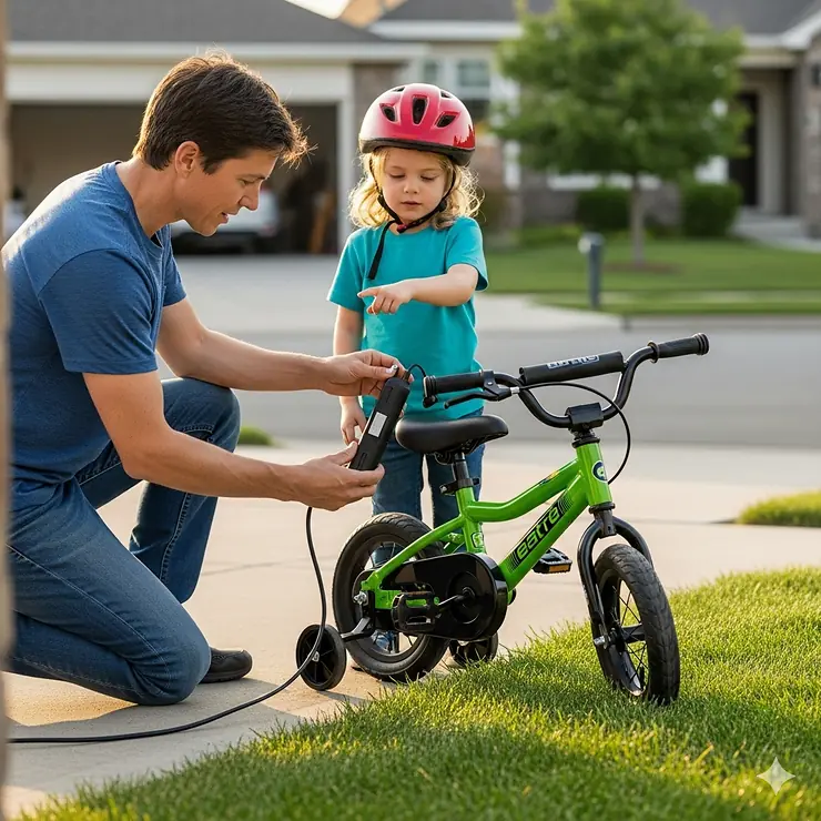 An adult plugging in a charger to the battery of an electric bike for a 5-year-old, demonstrating how to recharge the toy.