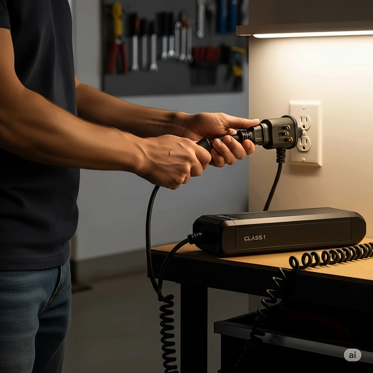 A person plugs in a class 1 ebike's battery to a standard outlet, illustrating the simple and convenient process of charging an electric bike at home.