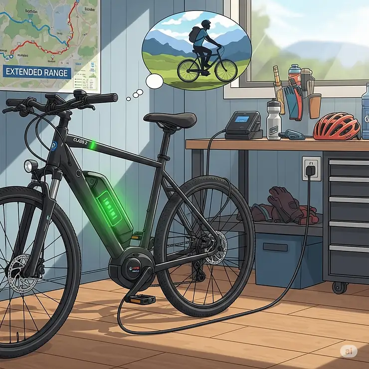 Illustration of a Class 2 electric bike plugged in and charging, emphasizing the convenience of recharging its battery for extended rides.