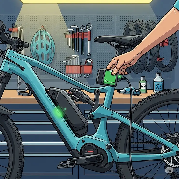 An illustration depicting a full suspension electric bike being easily charged, with an emphasis on its user-friendly battery access and general maintenance aspects.