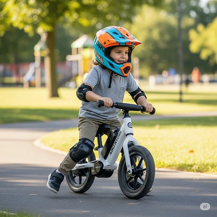 A child wearing a helmet and knee pads, underscoring the importance of safety gear while riding an electric balance bike.