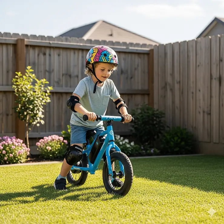 A child learning to ride their new electric bike for a 5-year-old in a safe, fenced-in backyard.