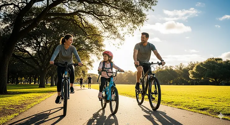 A family scene of a child on their new electric bike for kids, riding alongside their parents on a sunny afternoon in a park.