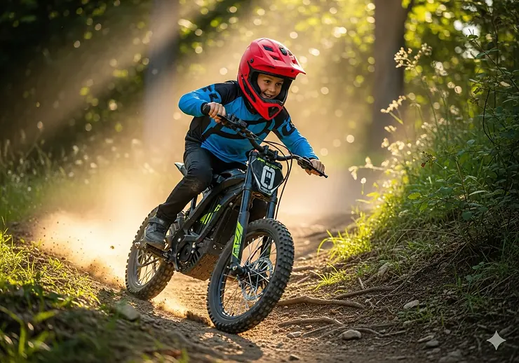 An action shot of a young boy wearing a helmet and riding an electric bike for kids 10-12 on a dirt trail, smiling and looking ahead.