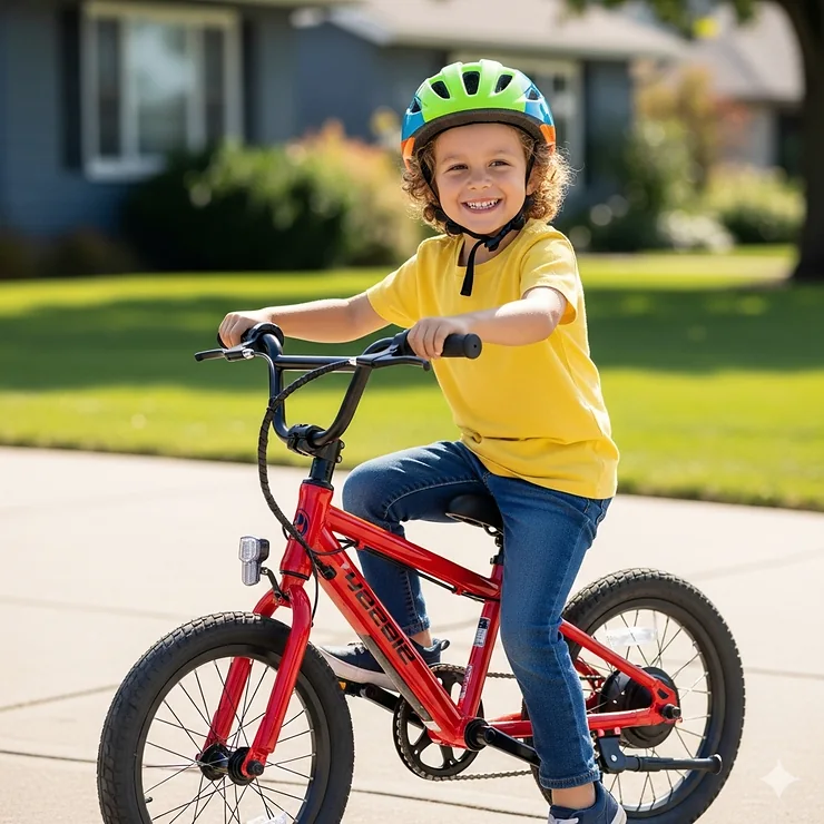 A happy 5-year-old wearing a brightly colored helmet while sitting on a kids' electric bike, highlighting the importance of safety gear.
