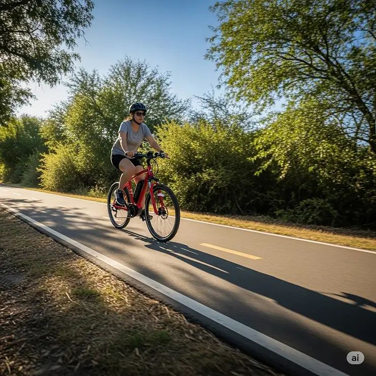 A rider on a class 1 ebike is shown on a designated bike path, illustrating their suitability and legal usage on shared trails and bike lanes.
