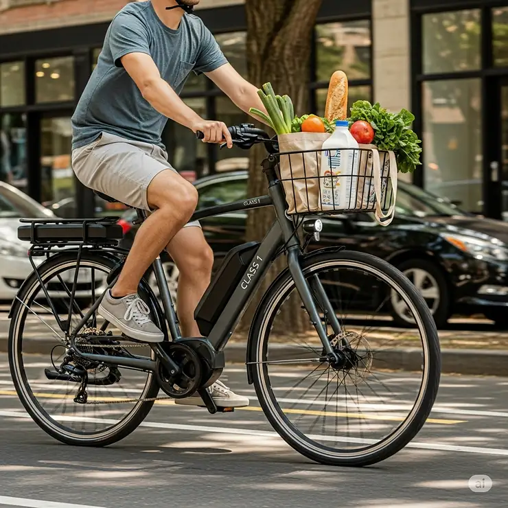 An individual using a class 1 ebike with a basket to carry groceries, showcasing its practical use for errands and daily tasks.