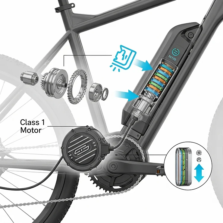 A detailed illustration of a class 1 ebike's pedal-assist motor and integrated battery, explaining the technology that powers the electric bicycle up to 20 mph.
