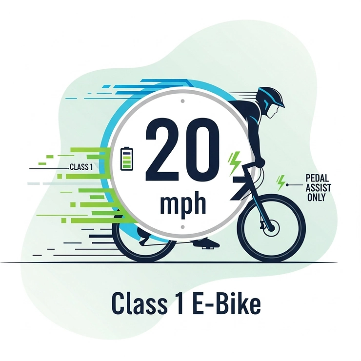 A graphic representation highlighting the 20 mph speed limit of a class 1 ebike, emphasizing its key regulatory difference from other electric bikes.
