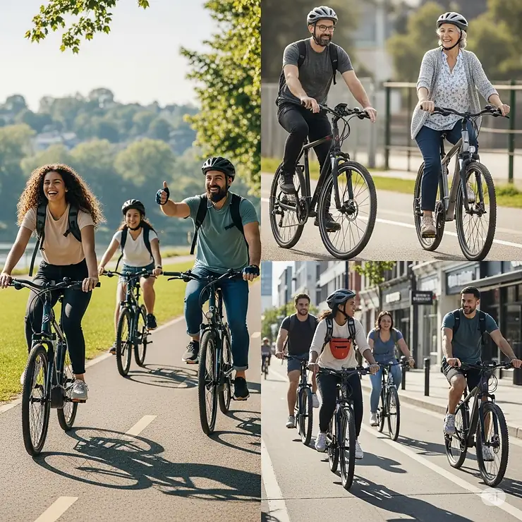 Diverse group of individuals of varying ages enjoying rides on Class 2 ebikes, highlighting their accessibility and broad appeal.
