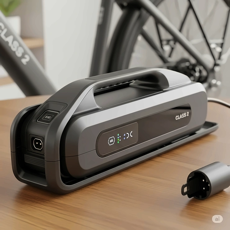 Image of a removable lithium-ion battery commonly found on Class 2 ebikes, emphasizing convenience for charging.