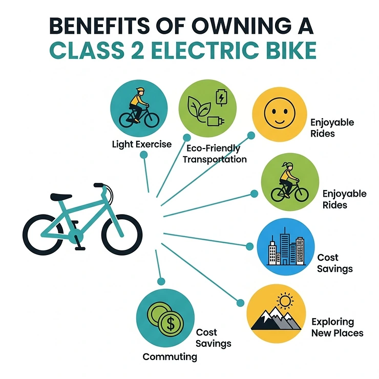 Infographic highlighting the multiple benefits of owning a Class 2 electric bike, such as light exercise, eco-friendly transportation, and enjoyable rides.