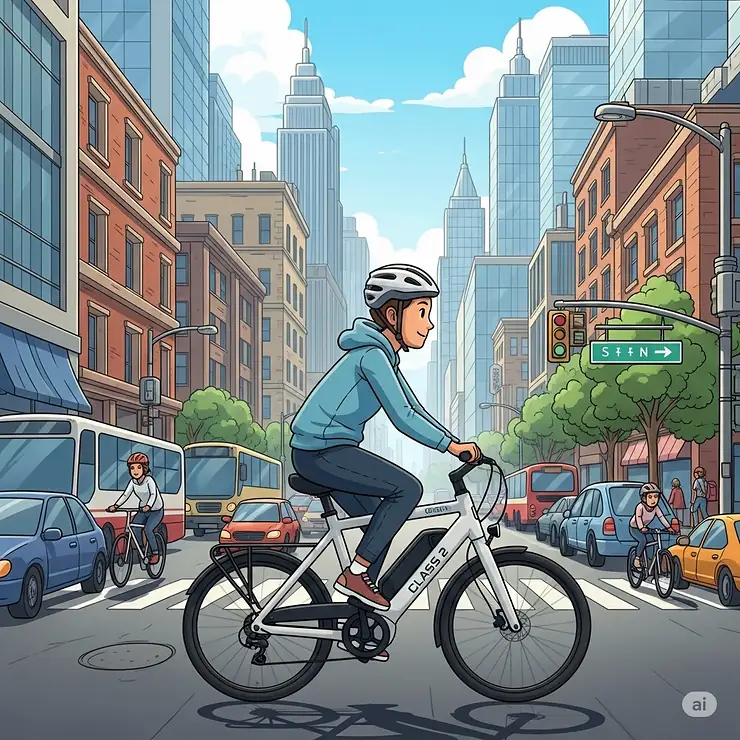 Cartoon illustration of a rider effortlessly commuting through a busy city on a Class 2 electric bike, highlighting its suitability for urban environments.