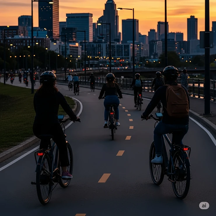 Silhouettes of people riding Class 2 ebikes on a bike path in a city, suggesting their suitability for urban transportation.