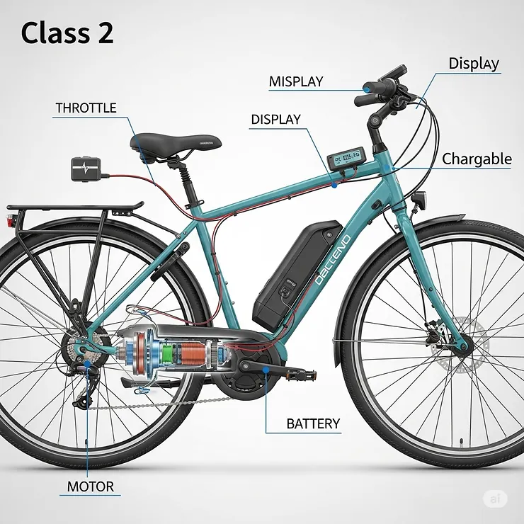 Diagram illustrating key components of a Class 2 electric bike, including the motor, battery, display, and throttle, highlighting its design.